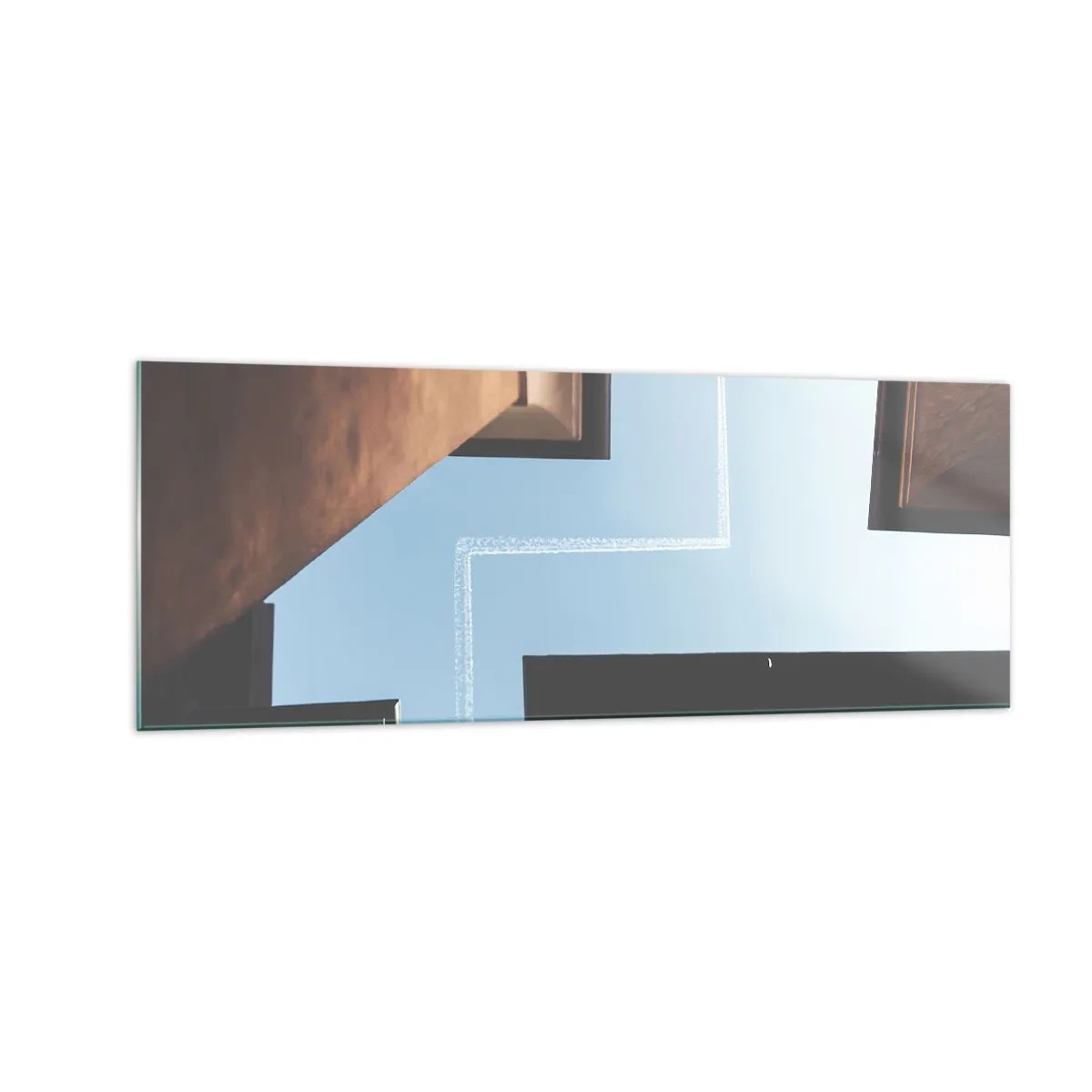 Quadro su vetro - Vista dell'aereo e della sua scia nel cielo da una prospettiva stradale - 140x50cm - Sopra il labirinto urbano - Decorazione murale moderna per soggiorno e camera da letto ARTTOR