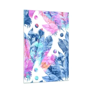 Quadro su vetro - Motivo astratto con piume colorate in tonalità pastello - 80x120cm - Pennacchi in rosa e blu - Decorazione murale moderna per soggiorno e camera da letto ARTTOR
