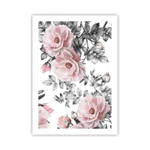 Poster - Rose rosa su uno sfondo di foglie bianche e nere - 50x70cm - Perdersi tra le rose - Decorazione murale moderna per soggiorno e camera da letto ARTTOR