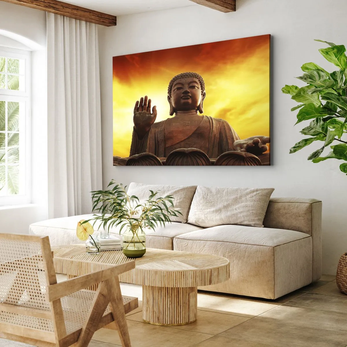 Quadro su tela - Stampe su Tela - Una statua del Buddha contro un cielo dorato al tramonto - 100x70cm - La pace del mondo - Decorazione murale moderna per soggiorno e camera da letto ARTTOR