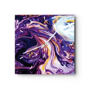 Orologio da parete - Orologio in Vetro - Un motivo astratto dinamico nelle tonalità del viola e del giallo. - 30x30cm - Curvatura dello spazio in viola - Decorazione murale moderna per soggiorno e camera da letto ARTTOR