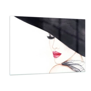 Quadro su vetro - Un ritratto sottile di una donna con un cappello e le labbra rosse - 120x80cm - Eleganza e sensualità - Decorazione murale moderna per soggiorno e camera da letto ARTTOR