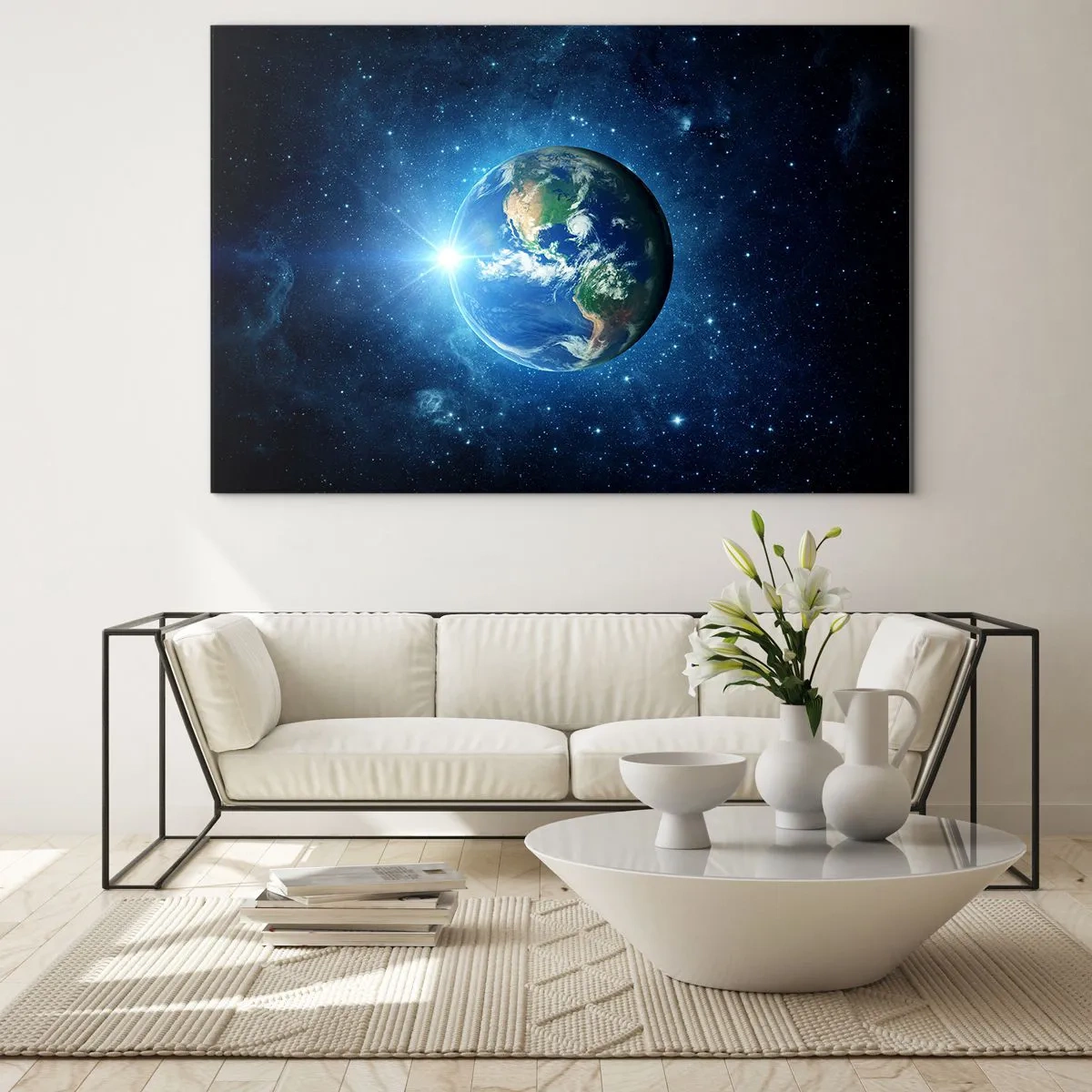Quadro su vetro - La Terra vista dallo spazio con raggi di luce - 120x80cm - Siamo in cielo - Decorazione murale moderna per soggiorno e camera da letto ARTTOR