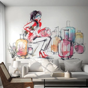 Fotomurali Premium Canvas - Sediamoci prima del viaggio - Donna, Viaggio, Valigia - 300x210 cm