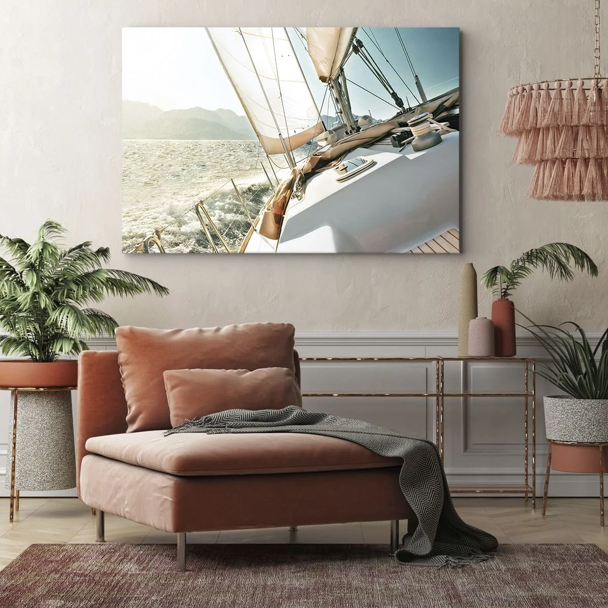 Quadro su tela - Stampe su Tela - Uno yacht in mare aperto con vista sulle montagne - 100x70cm - A vele spiegate - Decorazione murale moderna per soggiorno e camera da letto ARTTOR