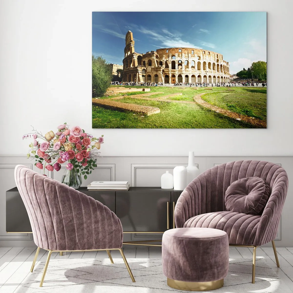 Quadro su vetro - Il Colosseo a Roma illuminato dal sole - 100x70cm - Si sente ancora il rumore delle armi - Decorazione murale moderna per soggiorno e camera da letto ARTTOR