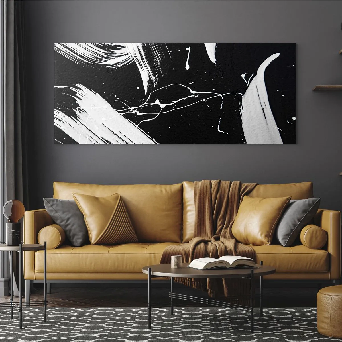 Quadro su vetro - Tratti bianchi astratti su sfondo nero - 120x50cm - Spezzando l'oscurità - Decorazione murale moderna per soggiorno e camera da letto ARTTOR