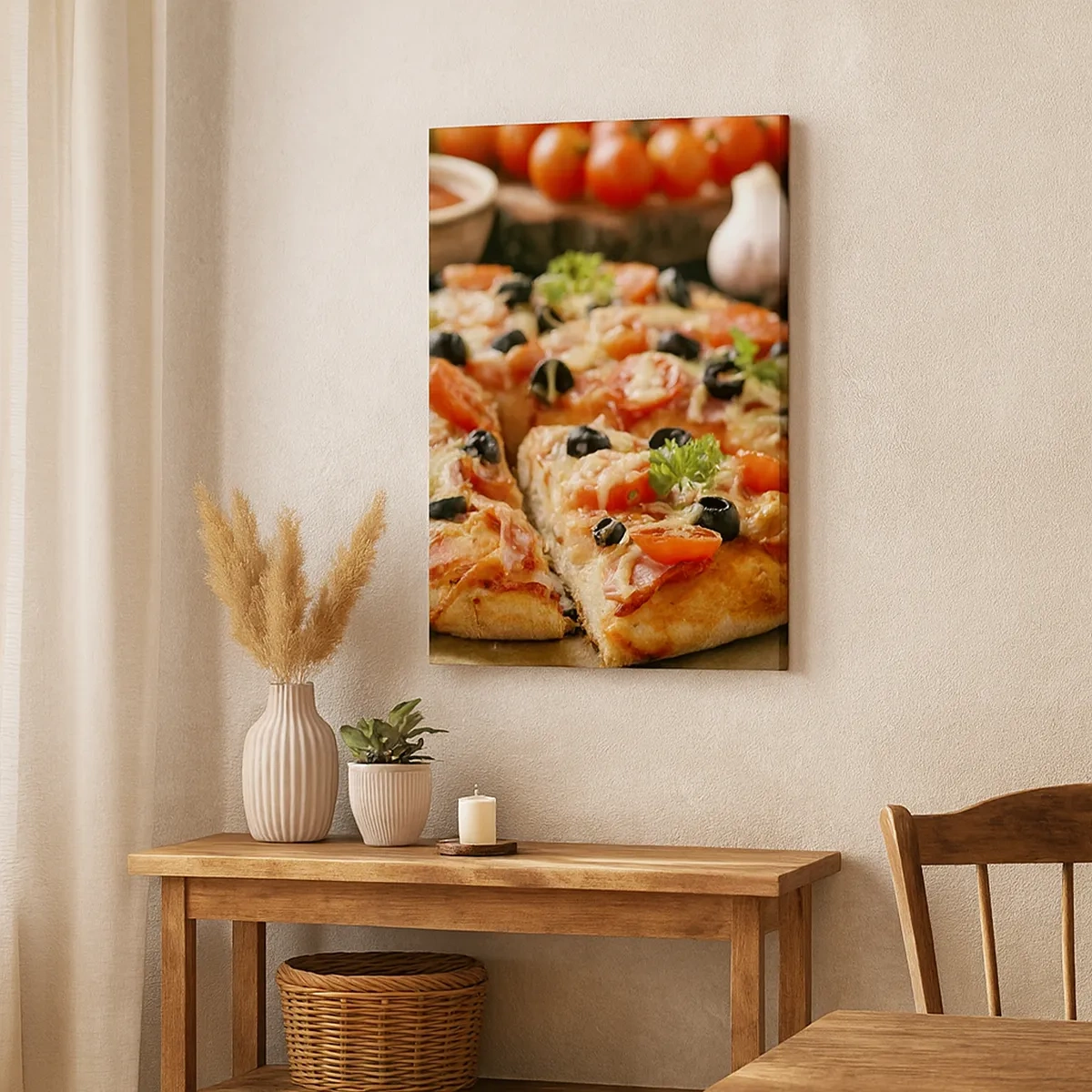 Quadro su tela - Stampe su Tela - Pizza con pomodori, olive ed erbe fresche sul tavolo - 50x70cm - Te la sei nuovamente cavata - Decorazione murale moderna per soggiorno e camera da letto ARTTOR