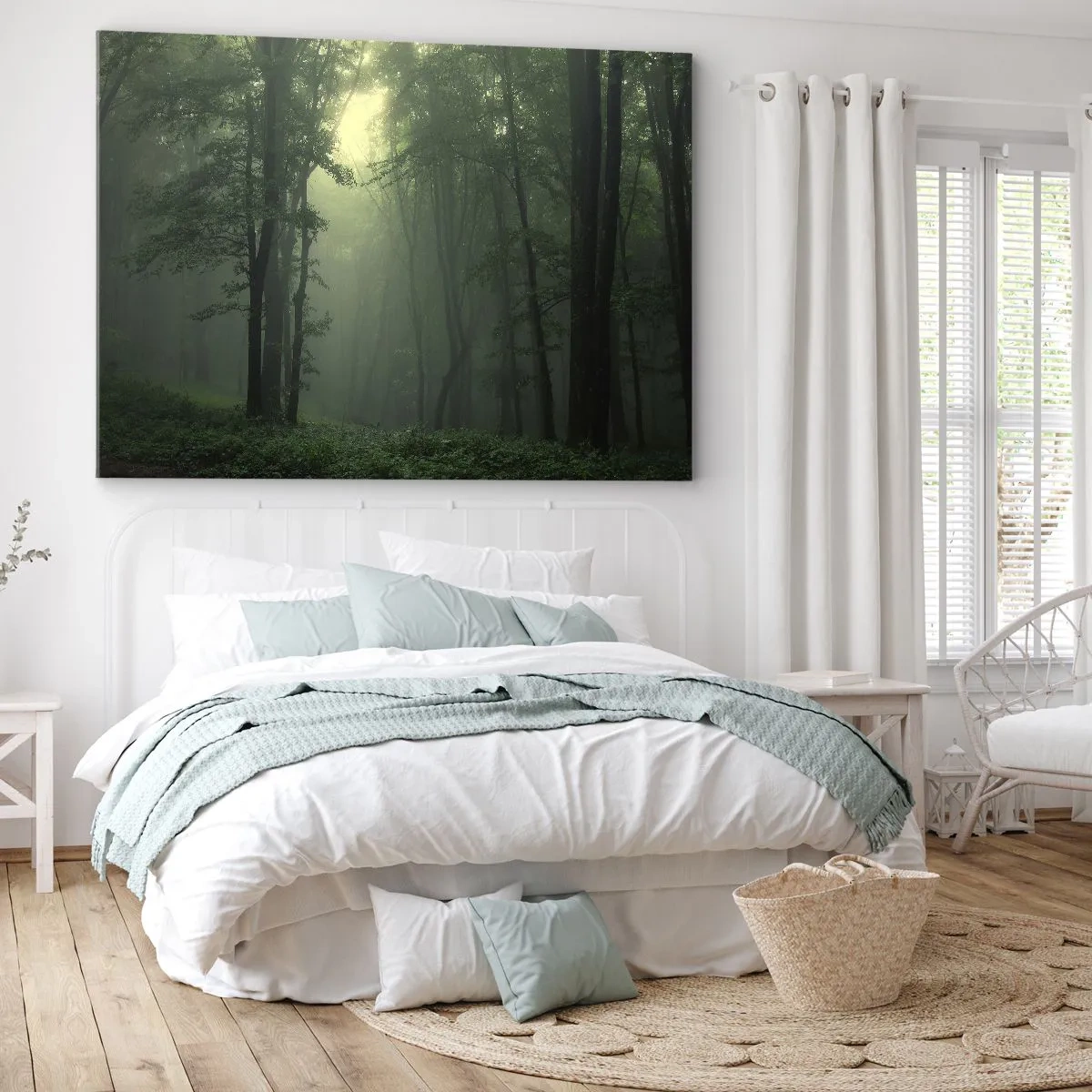Quadro su tela - Stampe su Tela - Una foresta verde al mattino avvolta in una delicata nebbia - 120x80cm - Prima che si svegli - Decorazione murale moderna per soggiorno e camera da letto ARTTOR