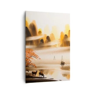 Quadro su tela - Stampe su Tela - Un paesaggio orientale con un fiume, montagne e una leggera nebbia. - 70x100cm - Oltre l'Estremo Oriente - Decorazione murale moderna per soggiorno e camera da letto ARTTOR