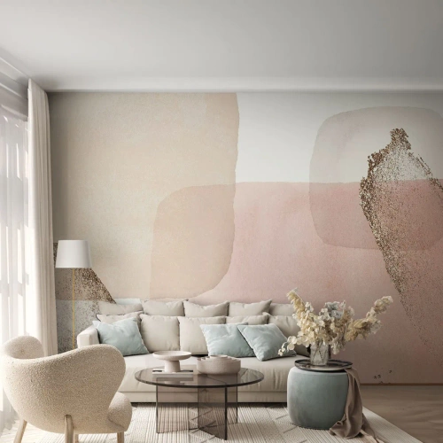 Fotomurali Premium Sand - Forme pastello astratte con un delicato accento dorato - 100x70cm - Incontro attraverso il colore - Decorazione murale moderna per soggiorno e camera da letto ARTTOR