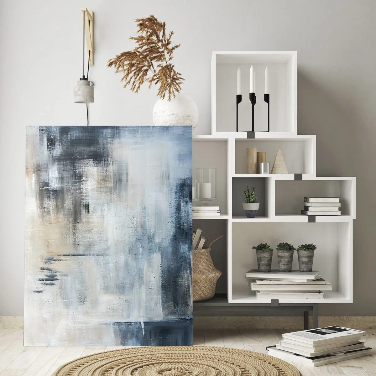 Quadro su vetro - Composizione astratta nei toni del blu e del grigio - 50x70cm - Coperti dal blu - Decorazione murale moderna per soggiorno e camera da letto ARTTOR