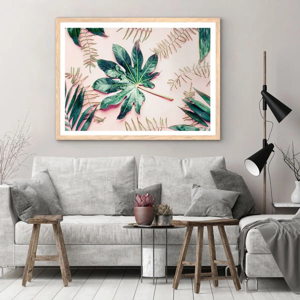 Poster in cornice rovere chiaro - Studio di verde su sfondo rosa - 91x61 cm