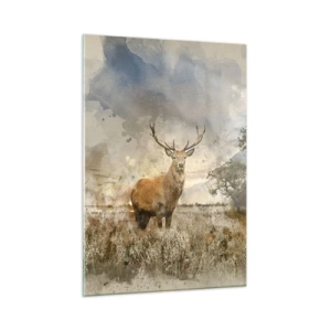 Quadro su vetro - Un cervo in un paesaggio naturale con colori tenui sullo sfondo - 50x70cm - Dignità - forza - maestosità - Decorazione murale moderna per soggiorno e camera da letto ARTTOR