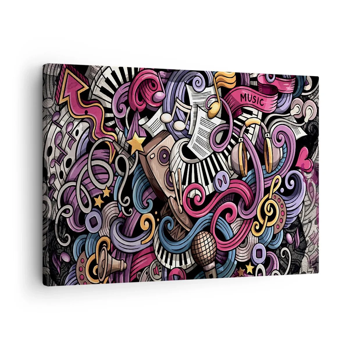 Quadro su tela - Stampe su Tela - Un'astrazione musicale piena di strumenti colorati e note. - 70x50cm - Melodia complicata - Decorazione murale moderna per soggiorno e camera da letto ARTTOR
