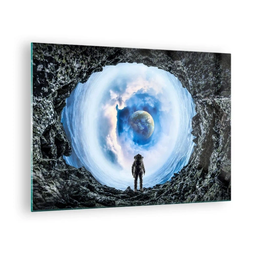 Quadro su vetro - Un astronauta osserva la Terra dall'interno di una grotta rocciosa. - 70x50cm - Già vicino a casa - Decorazione murale moderna per soggiorno e camera da letto ARTTOR