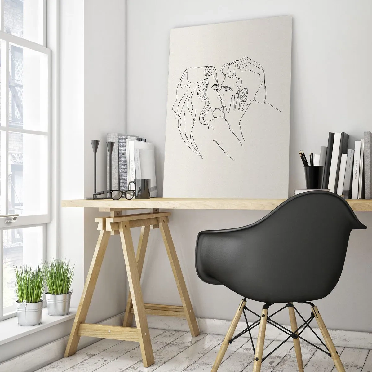 Quadro su vetro - Un bacio sensuale di una coppia nella linea di contorno - 50x70cm - Intrecciati dal sentimento - Decorazione murale moderna per soggiorno e camera da letto ARTTOR