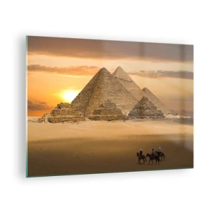 Quadro su vetro - Le Piramidi di Giza al tramonto con cavalieri a cavallo - 70x50cm - Immutabili da migliaia di anni - Decorazione murale moderna per soggiorno e camera da letto ARTTOR