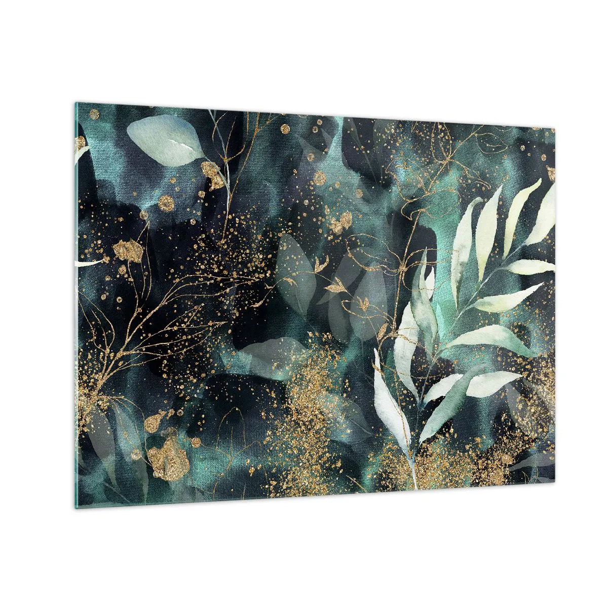 Quadro su vetro - Foglie dorate e verdi su sfondo scuro - 70x50cm - Il giardino incantato - Decorazione murale moderna per soggiorno e camera da letto ARTTOR