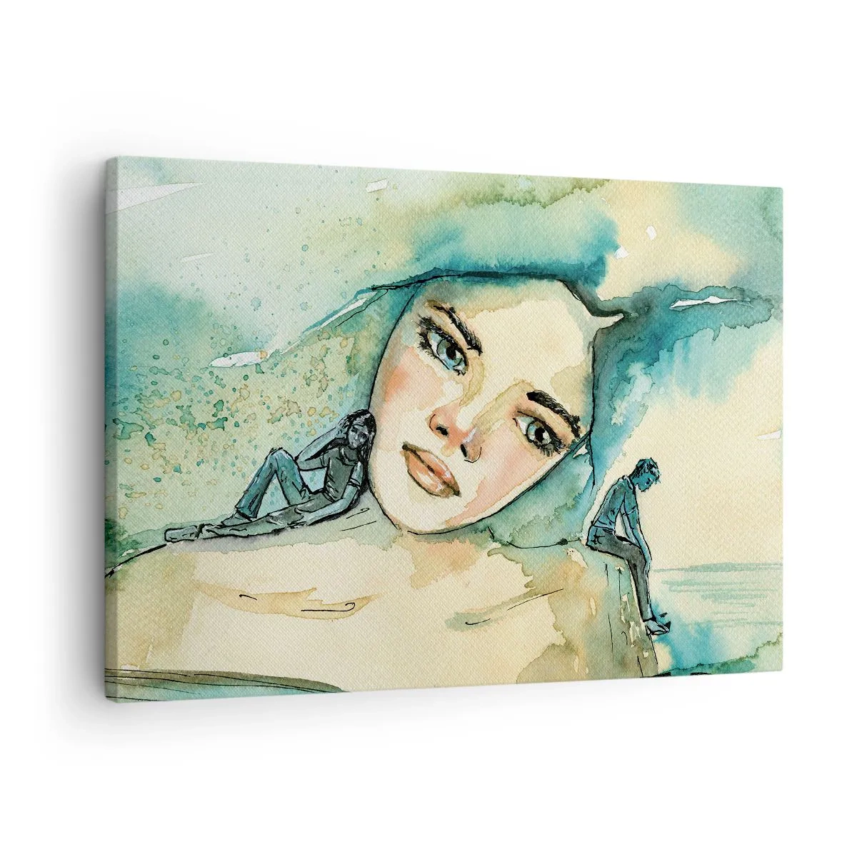 Quadro su tela - Stampe su Tela - Acquerello del volto di una donna con motivo riflettente - 70x50cm - Am I blue? - Decorazione murale moderna per soggiorno e camera da letto ARTTOR