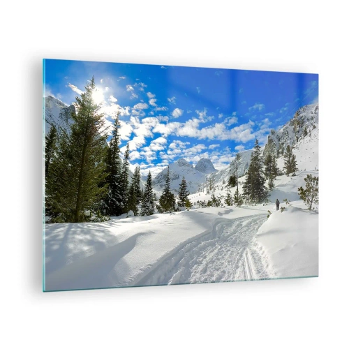 Quadro su vetro - Paesaggio montano invernale con foresta e cielo azzurro - 70x50cm - Nella neve e nel sole - Decorazione murale moderna per soggiorno e camera da letto ARTTOR