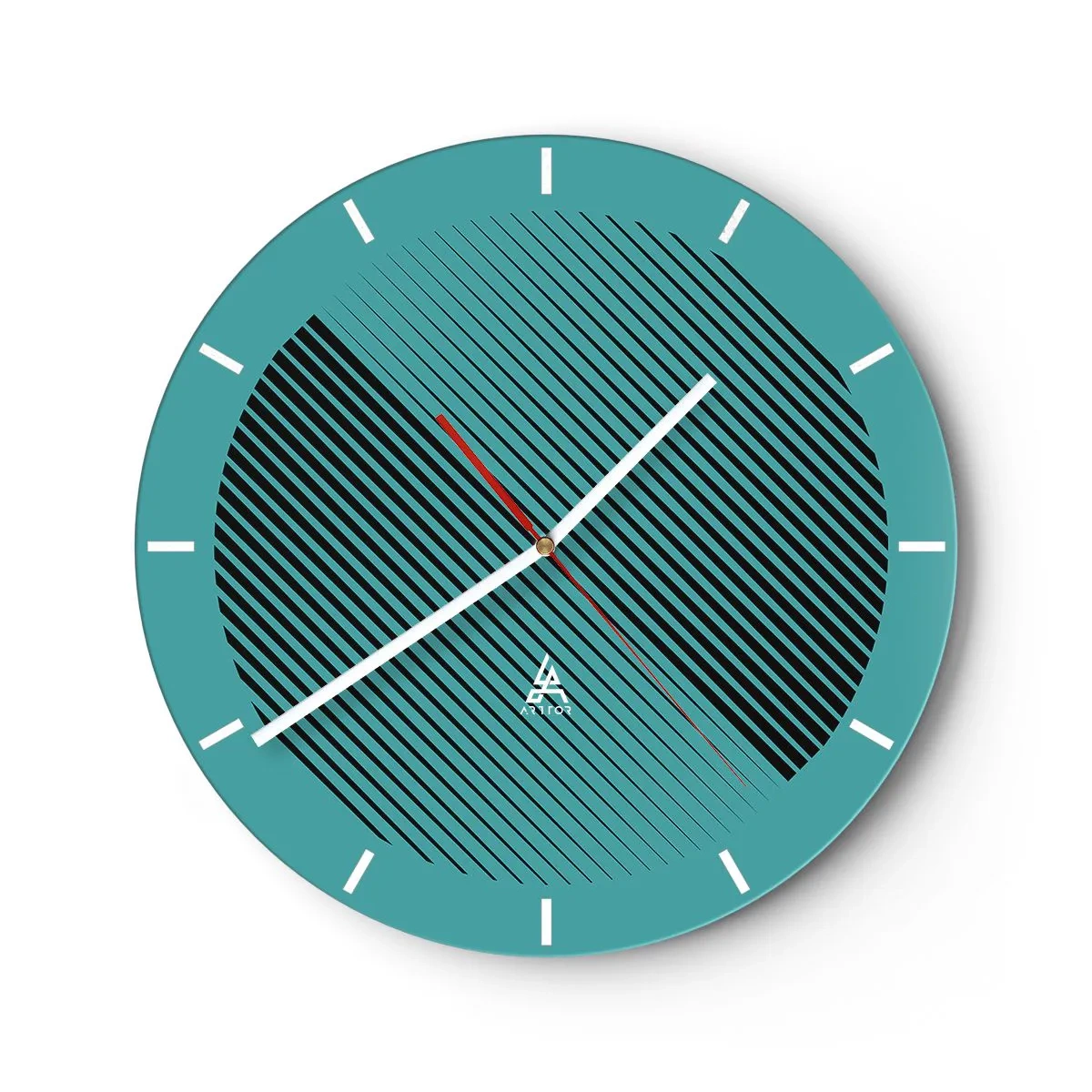 Orologio da parete - Orologio in Vetro - Sfondo turchese con linee diagonali nere in una disposizione geometrica - 30x30cm - Cerchio: variazione geometrica - Decorazione murale moderna per soggiorno, cucina e camera da letto ARTTOR