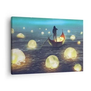 Quadro su tela - Stampe su Tela - Una figura in una barca circondata da sfere luminose sull'acqua - 70x50cm - Cose che neanche i filosofi hanno sognato - Decorazione murale moderna per soggiorno e camera da letto ARTTOR