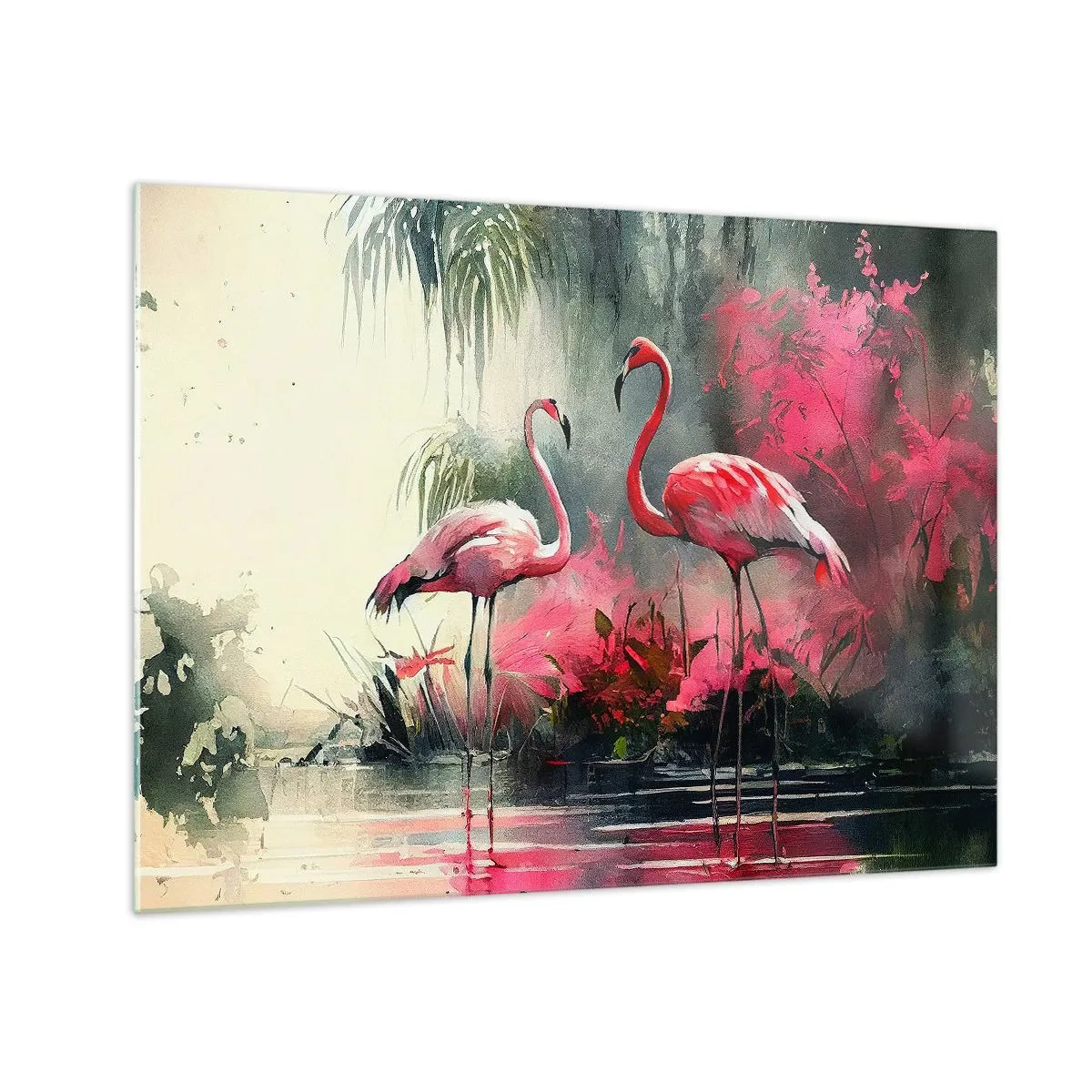 Quadro su vetro - Due fenicotteri in un ambiente tropicale in riva all'acqua - 70x50cm - Lezione di naturale eleganza - Decorazione murale moderna per soggiorno e camera da letto ARTTOR