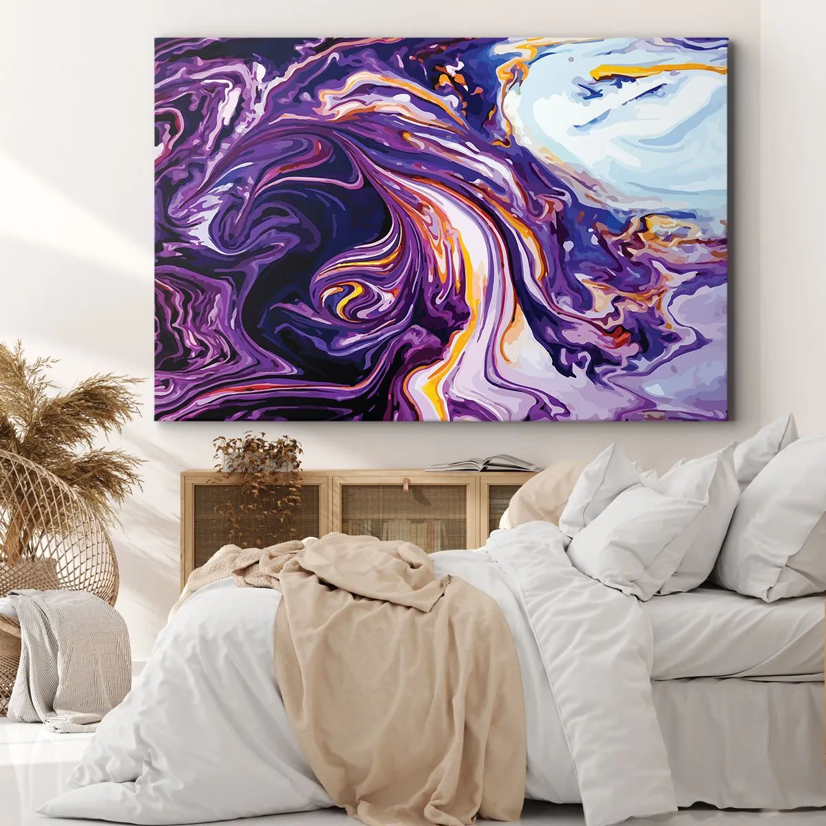 Quadro su tela - Stampe su Tela - Un motivo astratto dinamico nelle tonalità del viola e del giallo. - 120x80cm - Curvatura dello spazio in viola - Decorazione murale moderna per soggiorno e camera da letto ARTTOR