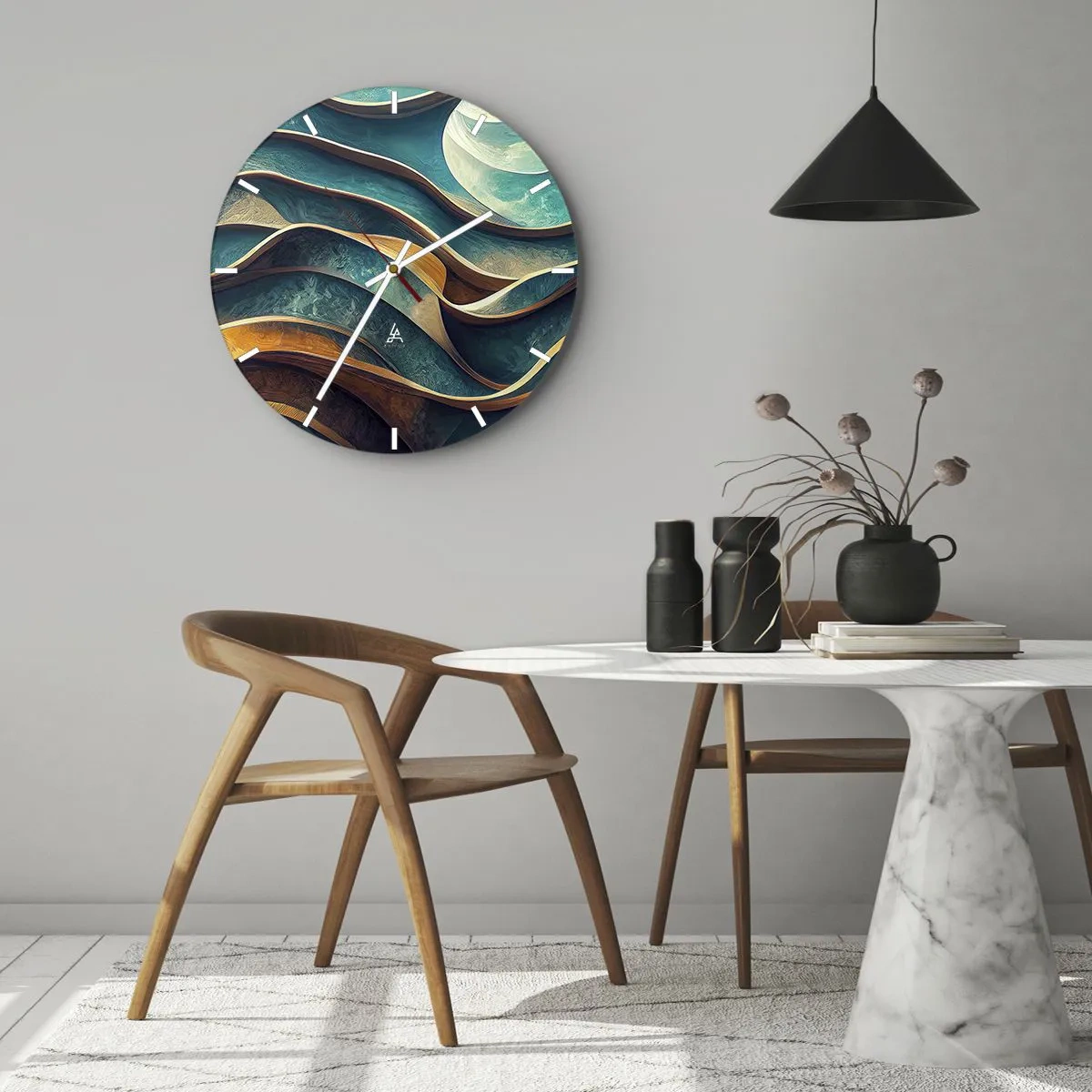 Orologio da parete - Orologio in Vetro - Onde astratte di blu e marrone con effetto 3D - 30x30cm - I meandri del blu - Decorazione murale moderna per soggiorno, cucina e camera da letto ARTTOR