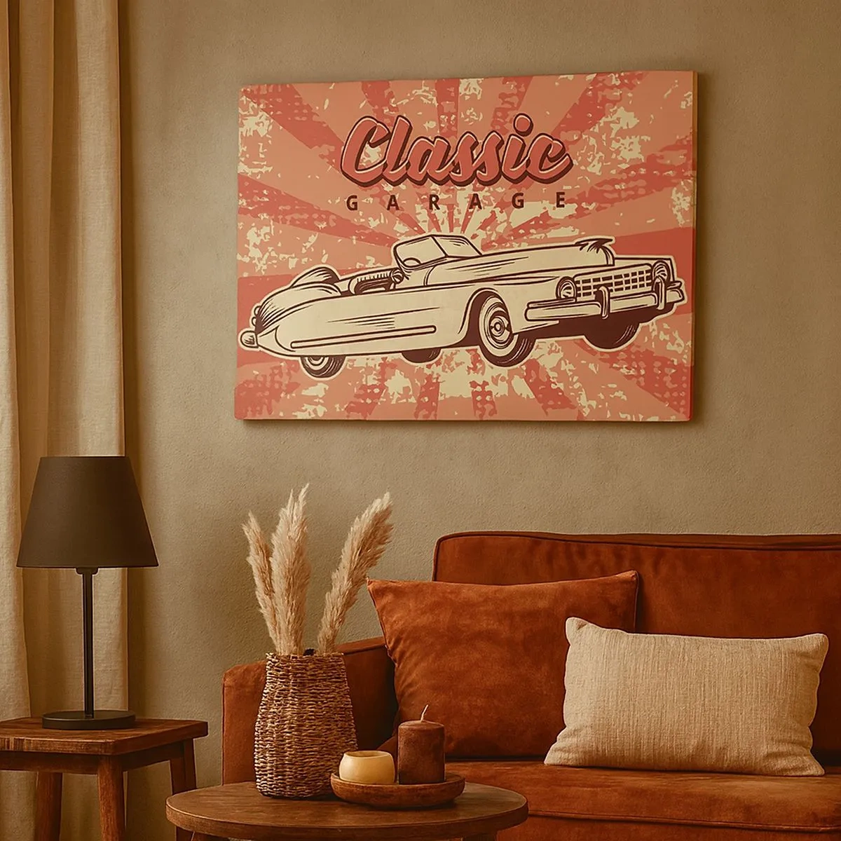 Quadro su tela - Stampe su Tela - Poster retrò con un'auto d'epoca e la scritta Classic Garage - 70x50cm - E alla radio Elvis - Decorazione murale moderna per soggiorno e camera da letto ARTTOR