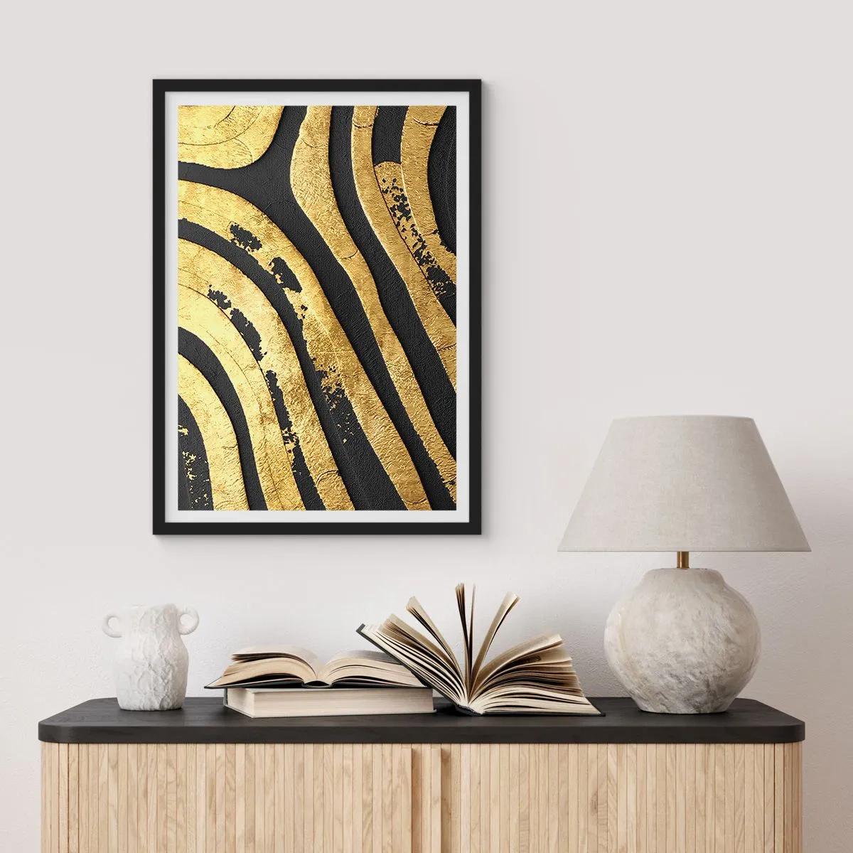 Poster in cornice nera - Linee dorate su sfondo scuro - 50x70cm - Tutto scorre - Decorazione murale moderna per soggiorno e camera da letto ARTTOR