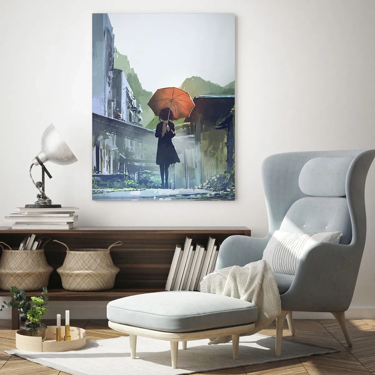 Quadro su vetro - Una figura con un ombrello arancione su una strada piovosa - 50x70cm - Pioggia vivificante - Decorazione murale moderna per soggiorno e camera da letto ARTTOR