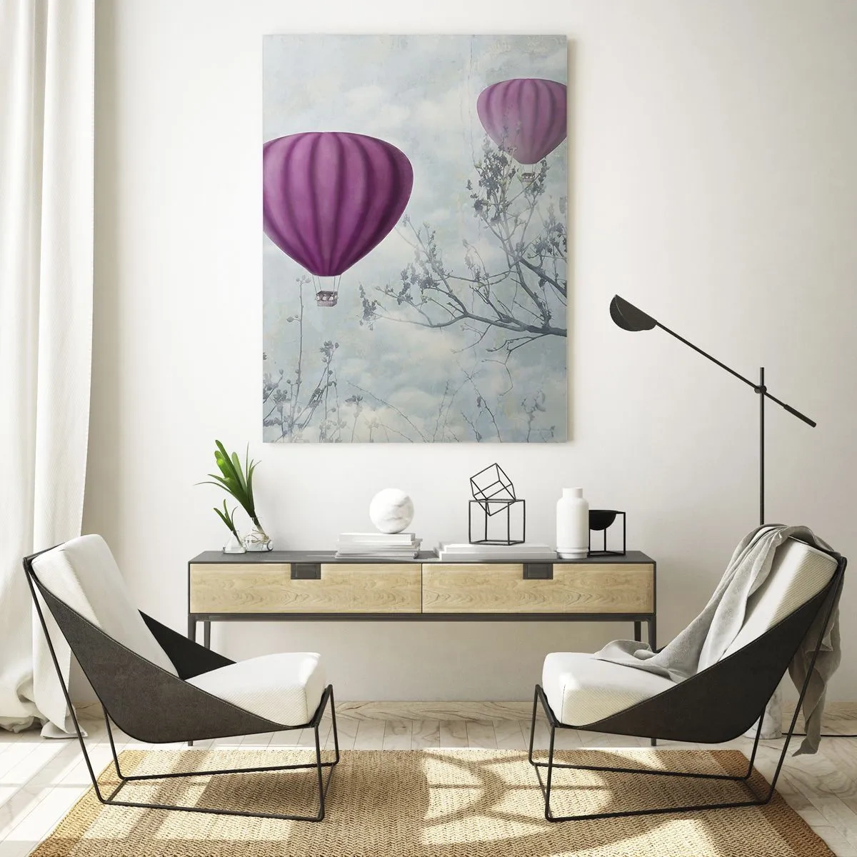 Quadro su vetro - Palloncini viola che fluttuano sopra gli alberi tra le nuvole - 70x100cm - Come navi nel cielo - Decorazione murale moderna per soggiorno e camera da letto ARTTOR