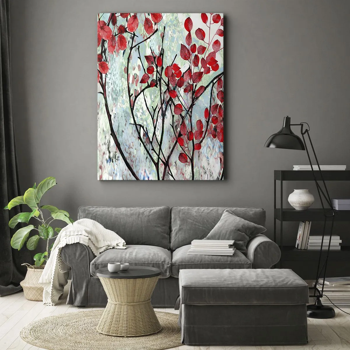 Quadro su tela - Stampe su Tela - Foglie rosse contro un cielo luminoso con motivi astratti - 50x70cm - Albero in scarlatto - Decorazione murale moderna per soggiorno e camera da letto ARTTOR