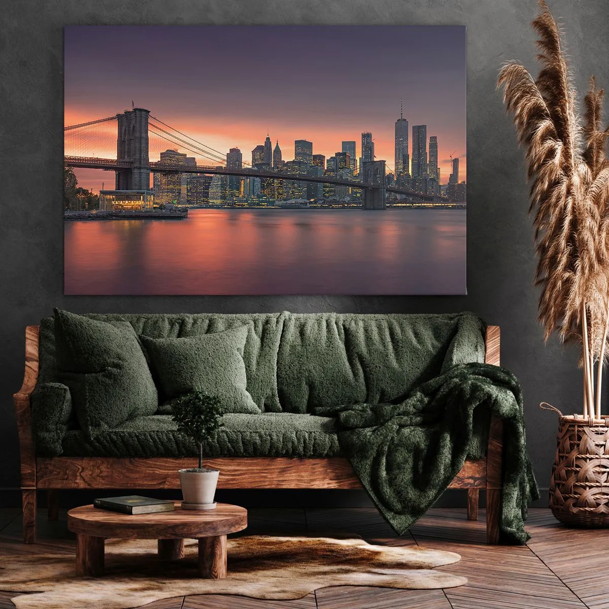 Quadro su tela - Stampe su Tela - Panorama notturno della città con un ponte e un cielo illuminato - 100x70cm - Immersa nel silenzio lilla - Decorazione murale moderna per soggiorno e camera da letto ARTTOR