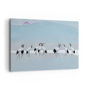 Quadro su tela - Stampe su Tela - Un gruppo di gru contro un cielo azzurro e il sole nascente - 120x80cm - Dopo un giorno rovente - Decorazione murale moderna per soggiorno e camera da letto ARTTOR