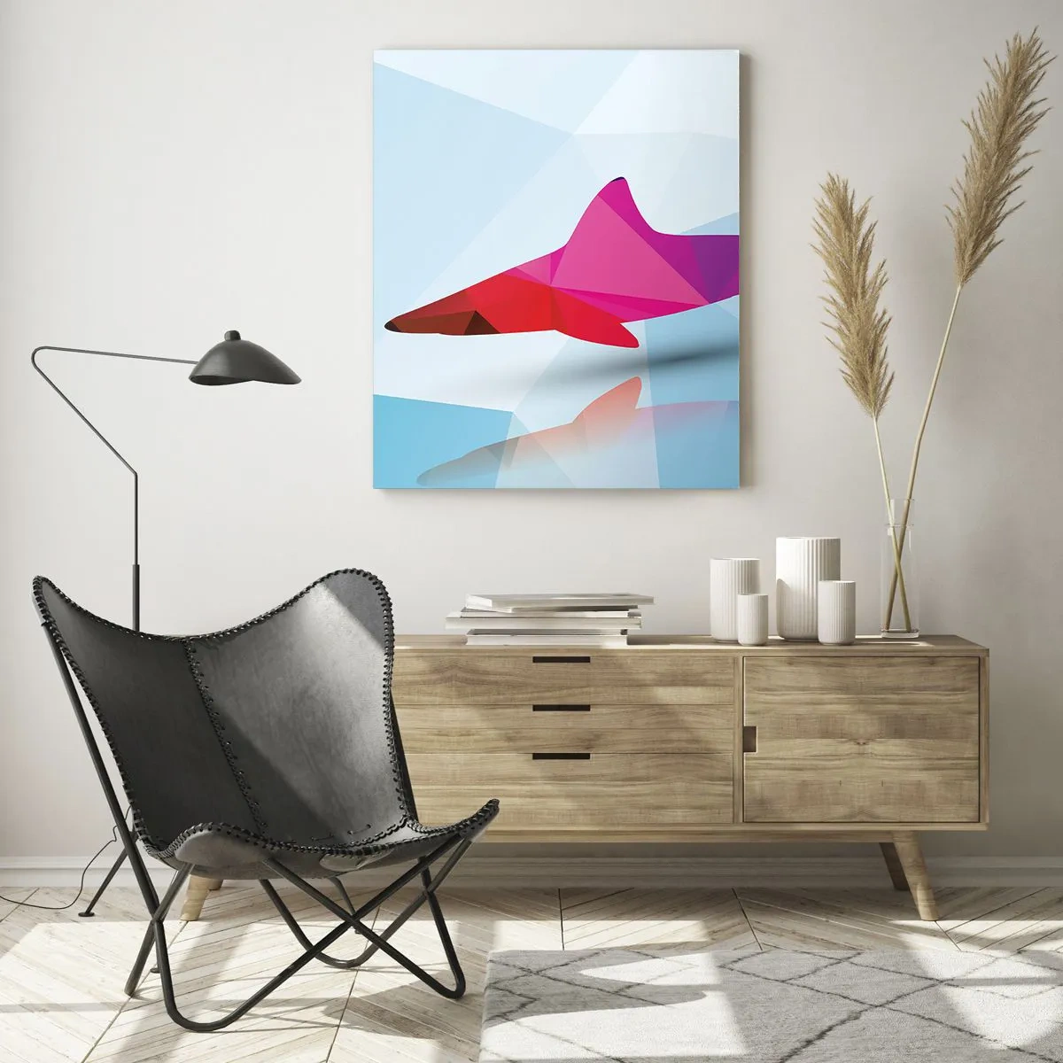 Quadro su vetro - Sagoma geometrica di squalo nei toni del rosa e del blu - 80x120cm - Squalo nello spazio di cristallo - Decorazione murale moderna per soggiorno e camera da letto ARTTOR