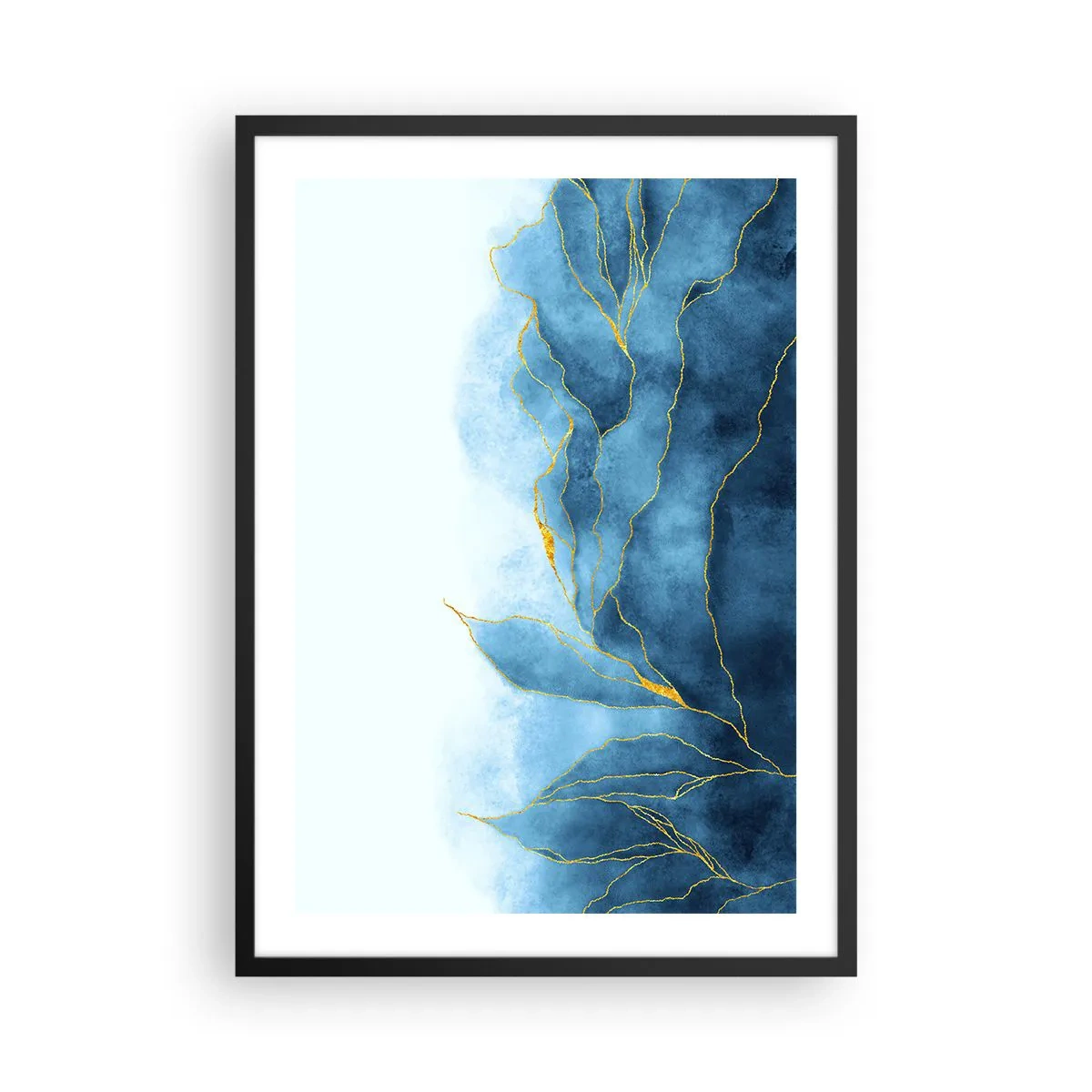 Poster in cornice nera - Una composizione astratta nei toni del blu con linee dorate. - 50x70cm - Blu nell'oro - Decorazione murale moderna per soggiorno e camera da letto ARTTOR