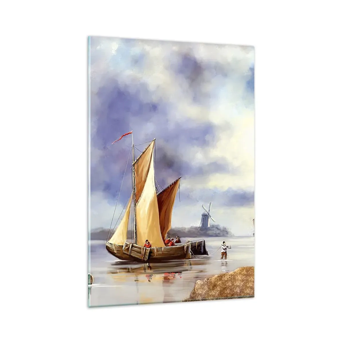 Quadro su vetro - Barche a vela su acque calme con mulini a vento sullo sfondo - 80x120cm - Il ritorno dei marinai - Decorazione murale moderna per soggiorno e camera da letto ARTTOR