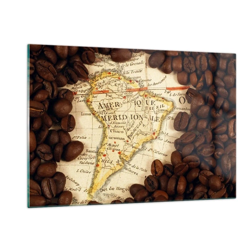 Quadro su vetro - Una mappa del Sud America circondata da chicchi di caffè. - 120x80cm - Da dove viene il miglior caffè? - Decorazione murale moderna per soggiorno e camera da letto ARTTOR