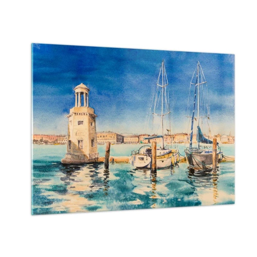 Quadro su vetro - Marina ad acquerello con faro e yacht ormeggiati - 70x50cm - La laguna assolata - Decorazione murale moderna per soggiorno e camera da letto ARTTOR