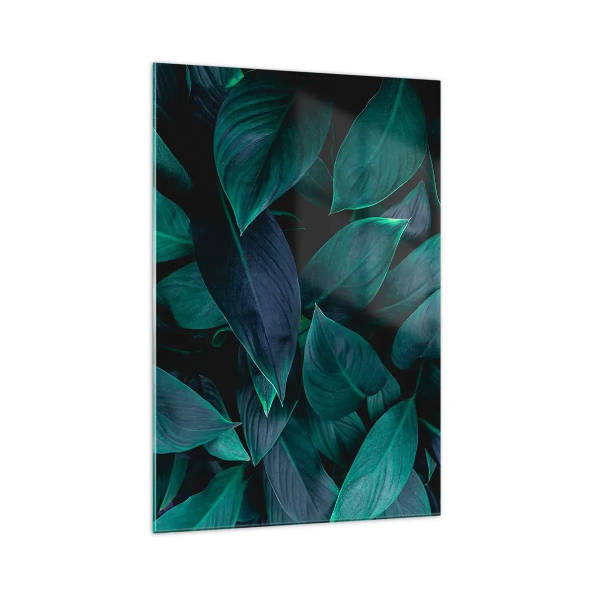 Quadro su vetro - Primo piano di foglie verdi con sfondo scuro - 70x100cm - Il verde puro - Decorazione murale moderna per soggiorno e camera da letto ARTTOR