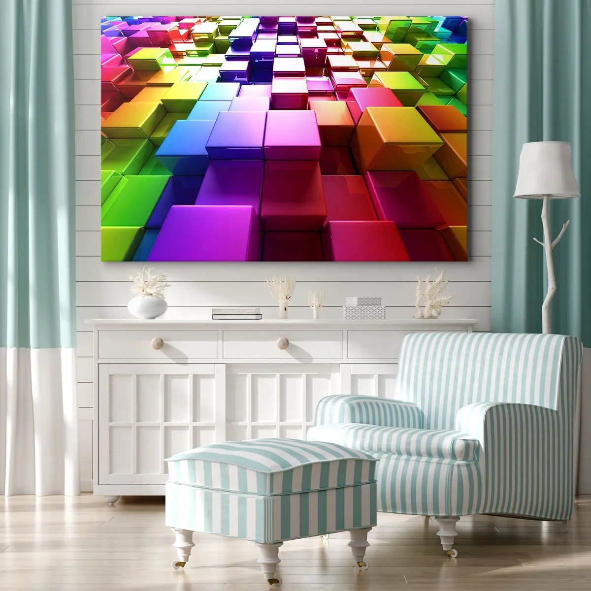 Quadro su tela - Stampe su Tela - Cubi geometrici 3D colorati - 120x80cm - Op Art insieme in squadra - Decorazione murale moderna per soggiorno e camera da letto ARTTOR