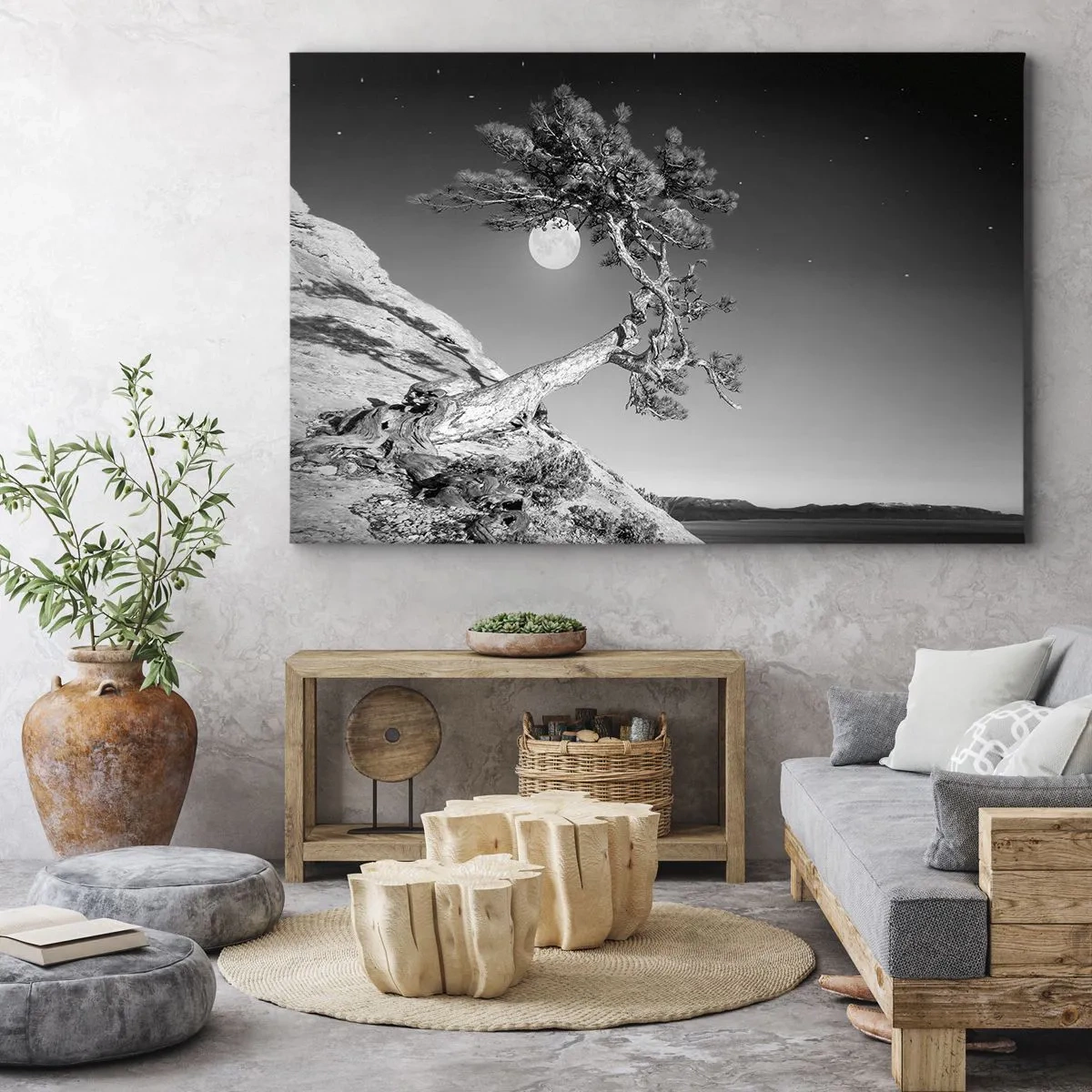 Quadro su tela - Stampe su Tela - Albero bianco e nero su una scogliera con la luna sullo sfondo - 120x80cm - Guerriera vittoriosa  - Decorazione murale moderna per soggiorno e camera da letto ARTTOR