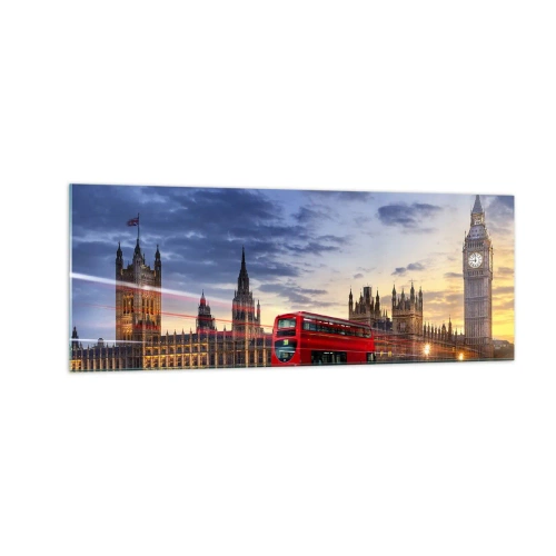 Quadro su vetro - Un autobus rosso con il Big Ben e il Parlamento sullo sfondo al tramonto. - 140x50cm - Segni particolari - Decorazione murale moderna per soggiorno e camera da letto ARTTOR