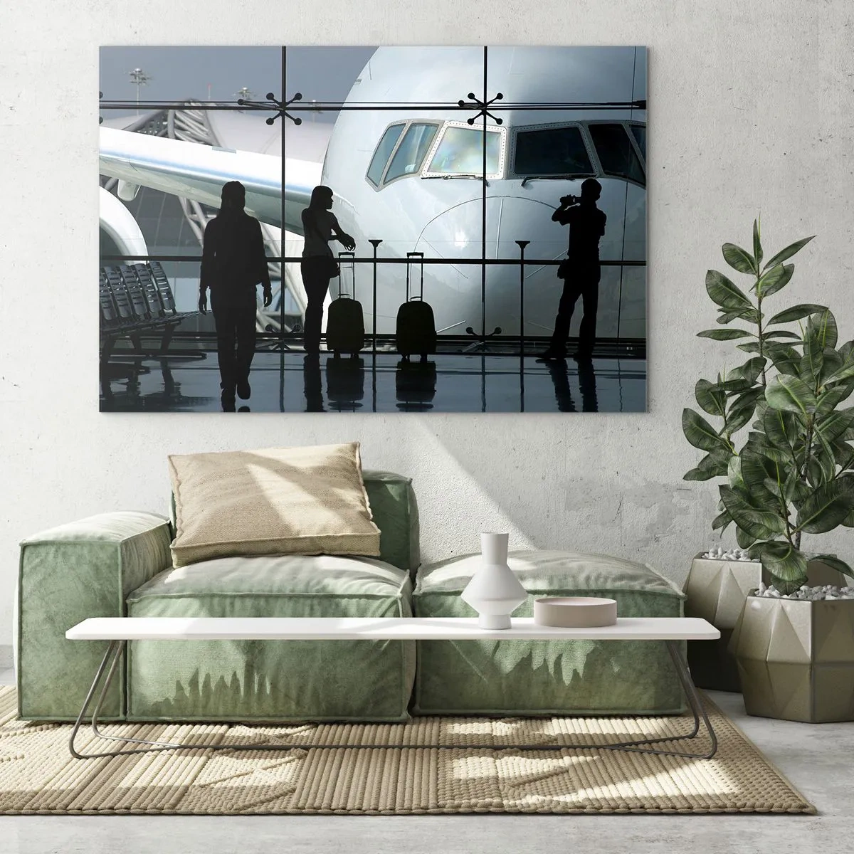 Quadro su vetro - Aeroporto con vista dell'aereo e sagome dei viaggiatori - 70x50cm - Faccia a faccia in aeroporto - Decorazione murale moderna per soggiorno e camera da letto ARTTOR
