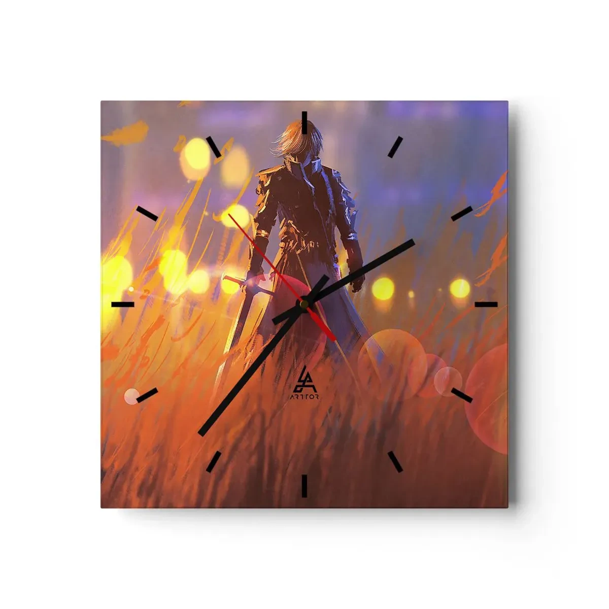 Orologio da parete - Orologio in Vetro - La figura di un cavaliere alla luce del sole al tramonto in un campo - 30x30cm - Il cavaliere errante - Decorazione murale moderna per soggiorno e camera da letto ARTTOR