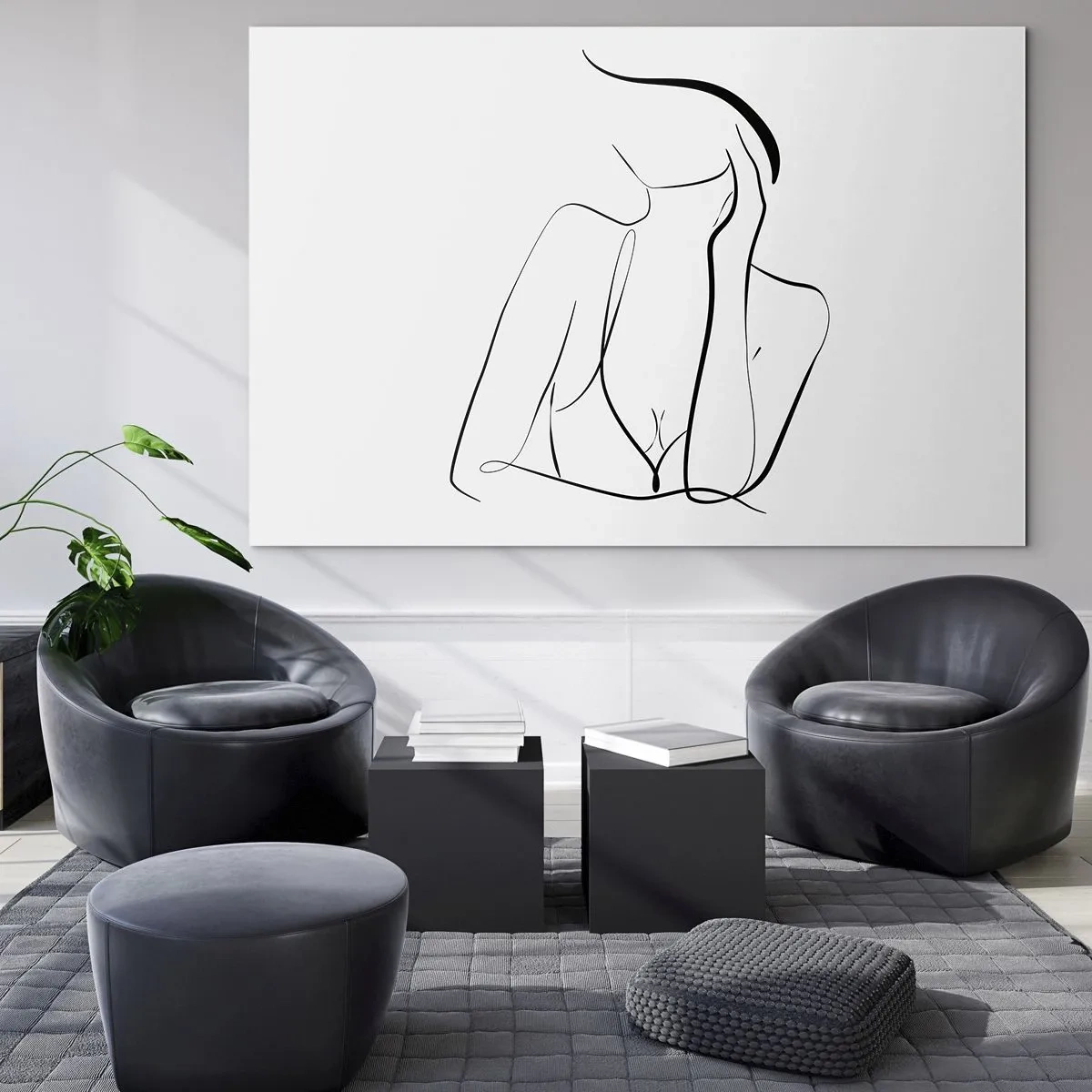 Quadro su vetro - Una linea semplice che mostra il contorno del corpo in tonalità di bianco e nero - 70x50cm - Sull'onda dei sogni - Decorazione murale moderna per soggiorno e camera da letto ARTTOR