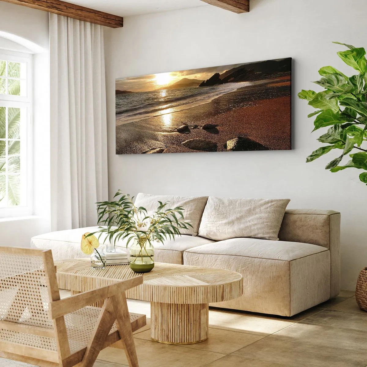 Quadro su tela - Stampe su Tela - Spiaggia al tramonto con pietre sulla riva - 120x50cm - Seguendo il sole verso le colline - Decorazione murale moderna per soggiorno e camera da letto ARTTOR